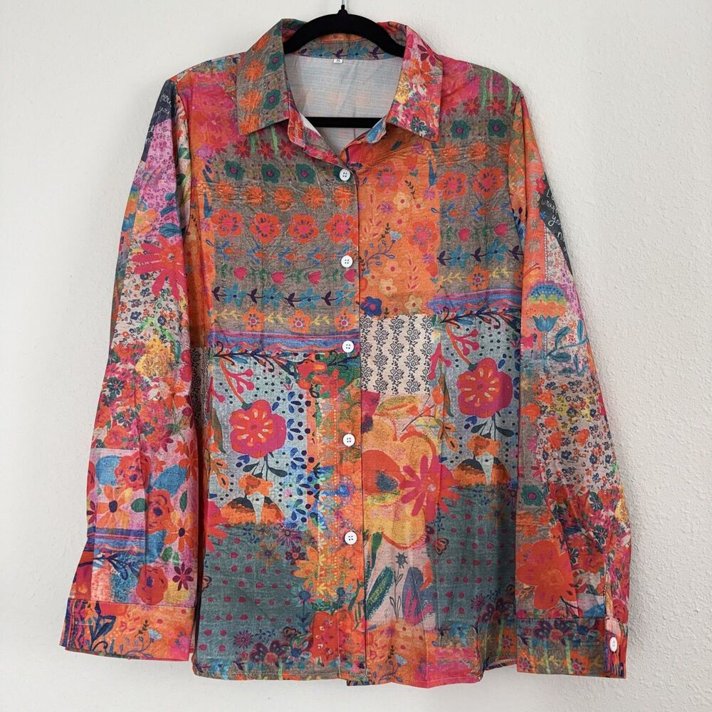 Womens Popover Blouse Small Wearable Art Floral Print Boho Button Up Shacket